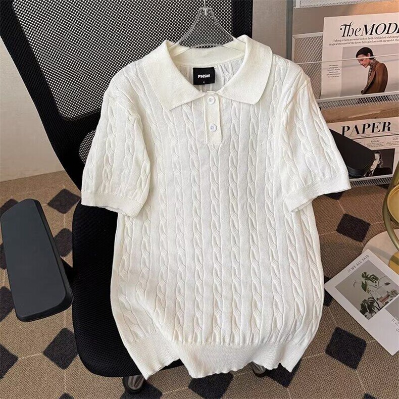 高品质百搭时尚ins潮流美式复古小马翻领宽松麻花短袖针织POLO衫,男装T恤,星座410-6（原星座1304-1）