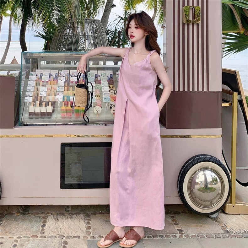 2025夏季新款宽松显瘦沙滩长裙连衣裙女超仙海边度假粉色吊带裙女,女装连衣裙,2C216