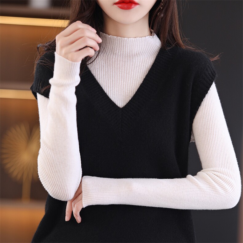 套头纯色羊毛2024年秋季V领时尚羊毛衫无袖，女装背心吊带，冀清阳荣