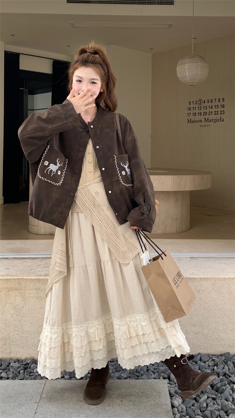 棕色复古刺绣棒球服外套女2025秋季新款韩版宽松减龄小个子夹克潮,女装短外套,2C299