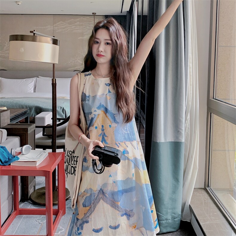 法式涂鸦印花连衣裙女2025新款巨好看夏日多巴胺穿搭小个子背心裙,女装连衣裙,2C137