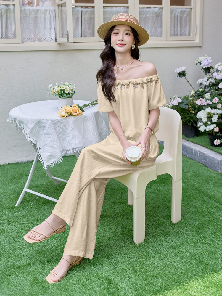 现货新款气质套装女2025年夏季新款一字领衬衫阔腿长裤两件套,女装套装/套裙,美静678