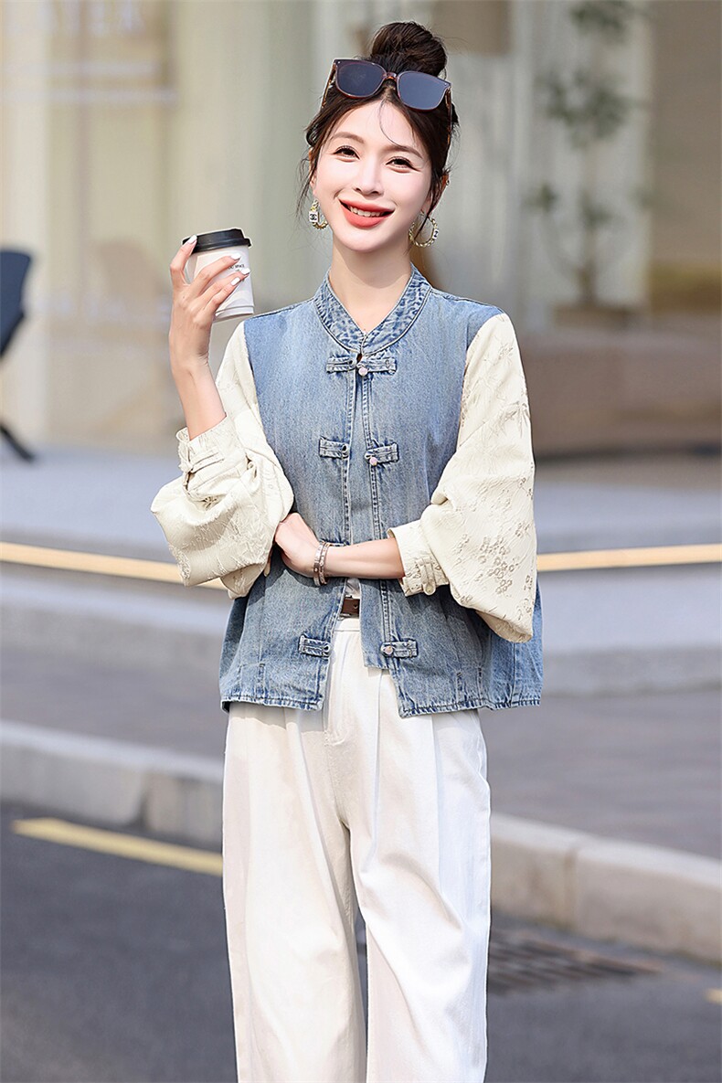 专柜同步~【莎】新中式盘扣牛仔拼接设计外套气质上衣~专柜价949,女装牛仔外套,星宇服饰
