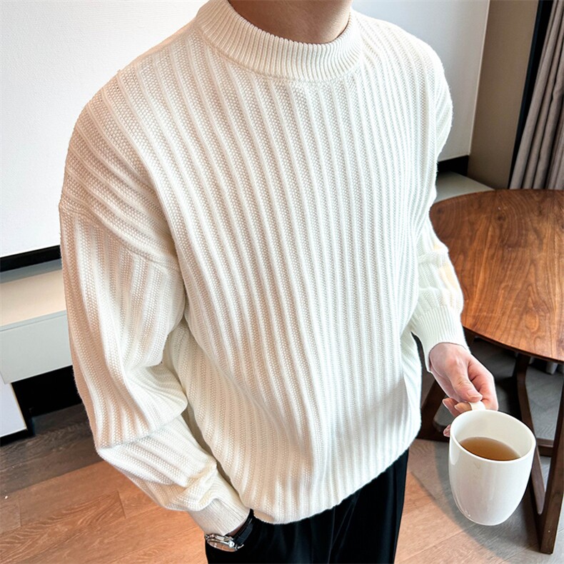 冬季男圆领毛衣粗针款条纹工艺纯色微宽松针织衫线衣 MY1131-P73图片