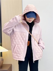 2025冬装新款修身保暖时尚菱形格个性拼接女士棉服外套，女装棉衣/棉服，江忆布依