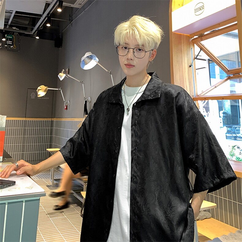 新中式冰丝衬衫可立领垂感速干凉感衬衣腰果花缎面提花C2455-Tp35，男装衬衫，星座1213