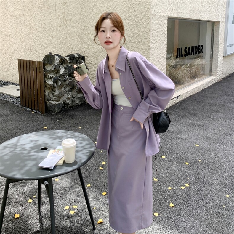 紫色温柔系穿搭打底衬衫套装女秋季2025新款休闲显瘦半身裙两件套图片