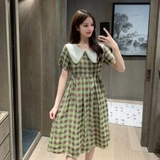 2021夏新款韩版蕾丝拼接格子裙复古连衣裙学院风大码女装+，女装连衣裙，潮品会