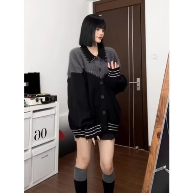 GM255-P63高级感开衫毛衣女秋季新款小众宽松百搭拼接翻领,男装针织衫/毛衣,电商B323A