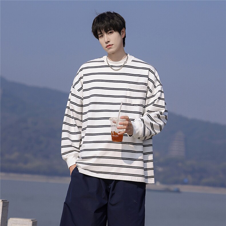 可二开港风高品质条纹圆领休闲卫衣男97%棉3%氨纶77943P50控78，男装卫衣，星座227-7