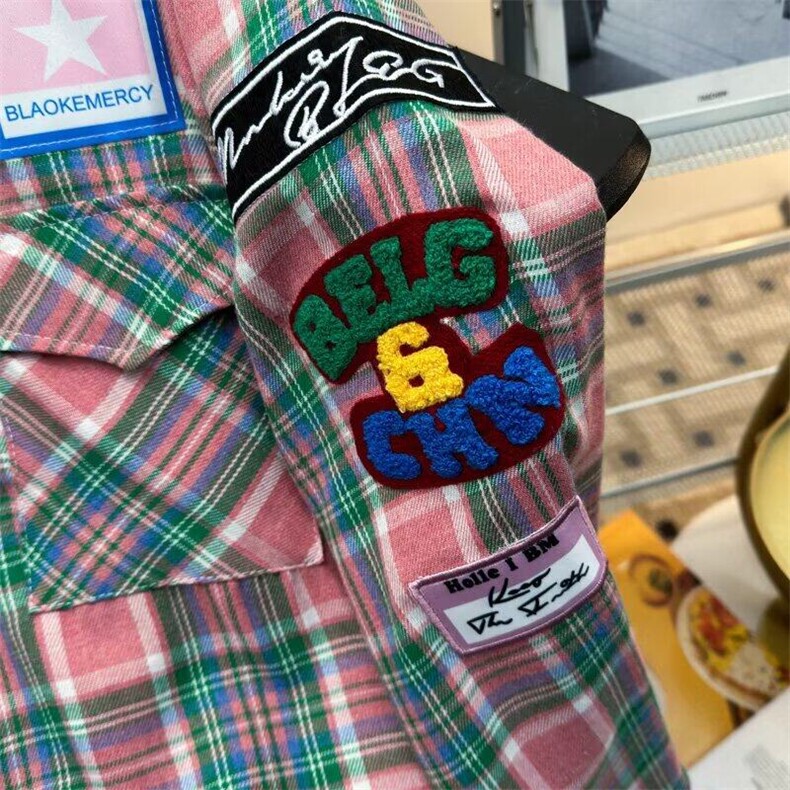 W392-P45春季新款复古潮牌小众设计感格子刺绣长袖衬衫外套男女,男装衬衫,星座911-1