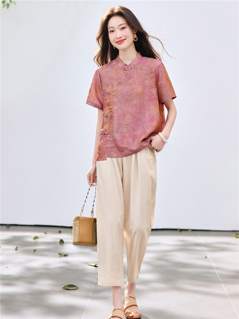 长期现货2026夏装新款时尚两件套装女提花新中式衬衫T小脚腿裤女,女装套装/套裙,璐依舞