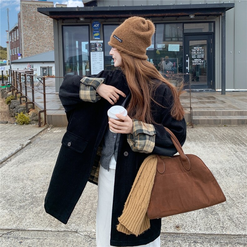黑色灯芯绒格子拼接外套女2025年冬季浪漫夹棉加厚保暖中长款上衣图片