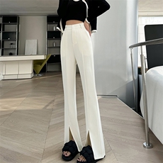 黑色开叉西装裤春夏高腰垂感阔腿裤小个子窄版直筒微喇裤，女装休闲裤，云美莎专业女裤-全店现货