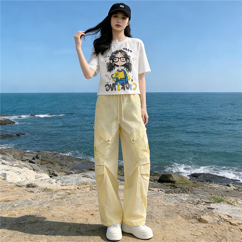 甜美时尚休闲套装女夏季新款圆领卡通印花T恤宽松工装长裤两件套,女装套装/套裙,江南