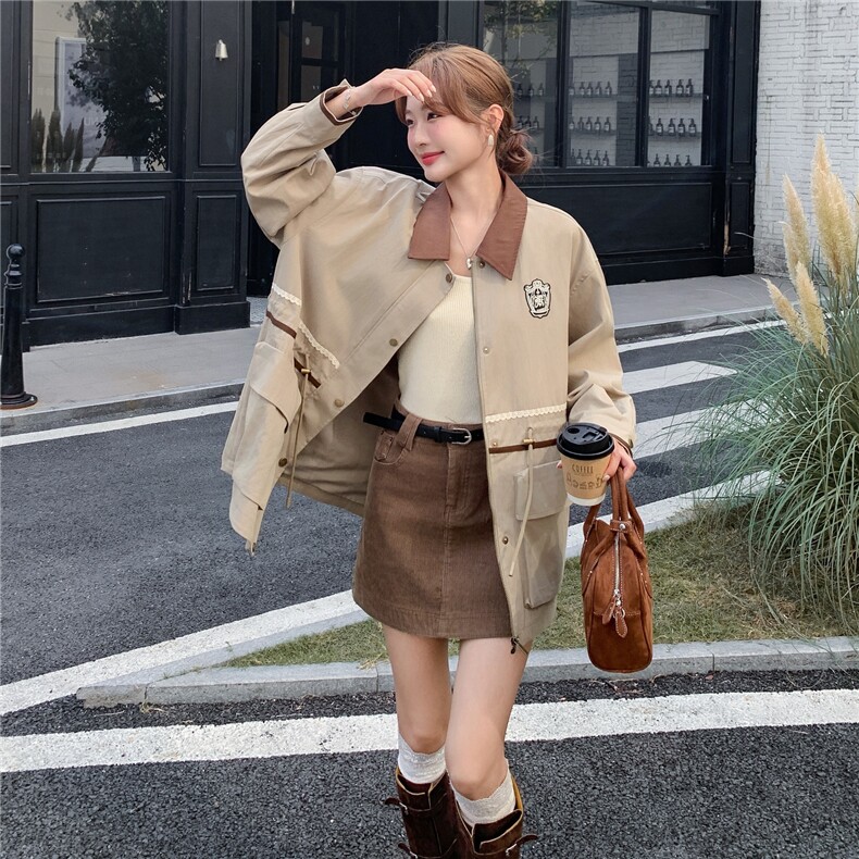 韩系收腰显瘦工装风衣外套女2025年春秋季新款拼接撞色超好看上衣,女装短外套,2C307