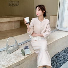 现货-2026年春季纯色拼接花边休闲时尚小香风两件套套装外套女，女装套装/套裙，霓裳依族