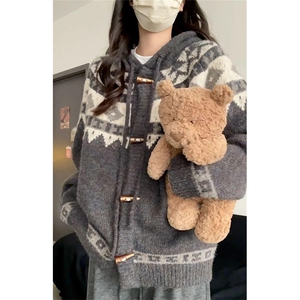 重磅秋冬北极绒开衫毛衣美式复古休闲慵懒风牛角扣针织衫连帽外套图片