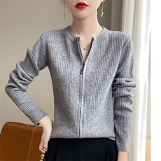 2024年秋冬季澳洲羊毛显瘦坑条拉链开衫，女装羊毛衫，忠诺羊绒