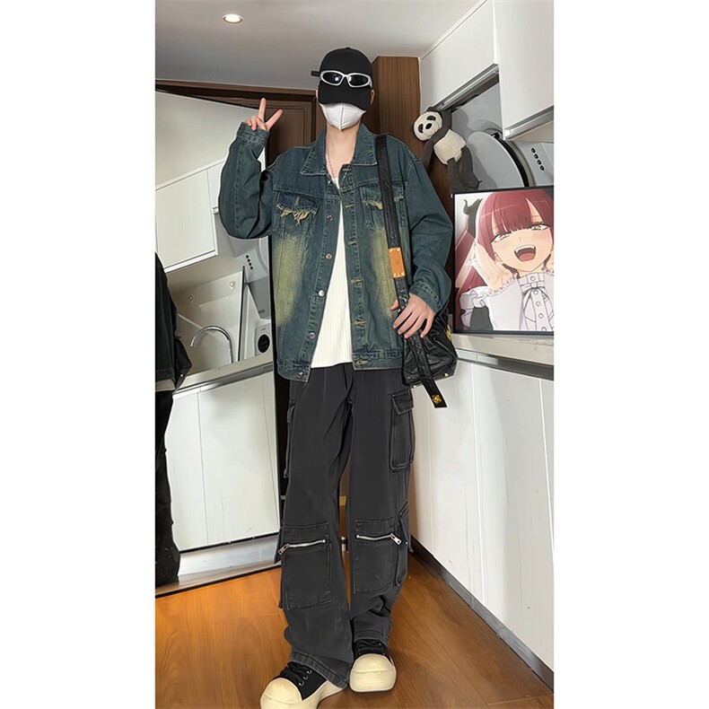 宽松毛边深蓝色夹克外套男牛仔衣KD639-P75，男装工装外套，电商D312-1