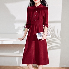 现货-新品】春装新款连衣裙2024年高腰红色气质旗袍长袖中长款裙，女装连衣裙，仁梯