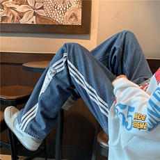 美式侧边条纹牛仔裤子男新款高级感宽松潮流百搭休闲裤A138-2/P45，男装牛仔裤，星座506
