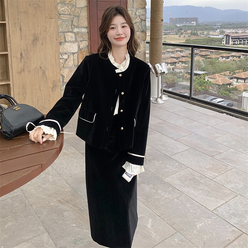 现货法式小香风丝绒套装裙女2025年新款蝴蝶结短外套半身裙两件套,女装套装/套裙,浙宝203