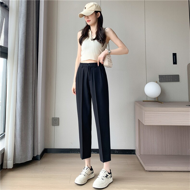 冰丝西装裤女2024夏季直筒宽松高腰显瘦九分小个子休闲烟管裤,女装休闲裤,梦白服饰厂