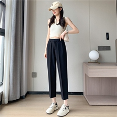 冰丝西装裤女2024夏季直筒宽松高腰显瘦九分小个子休闲烟管裤，女装休闲裤，梦白服饰厂