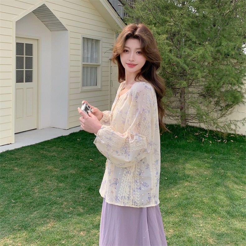 少女风蕾丝碎花衬衫半身裙套装女夏减龄独特漂亮多巴胺穿搭两件套,女装套装/套裙,2C057