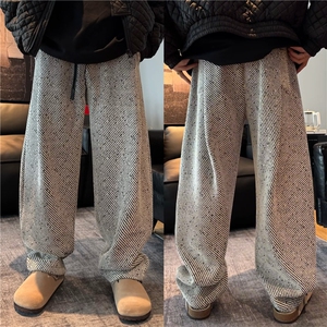 春秋慵懒风斜条纹常规阔腿休闲裤男潮牌宽松显瘦垂感拖地直筒长裤图片