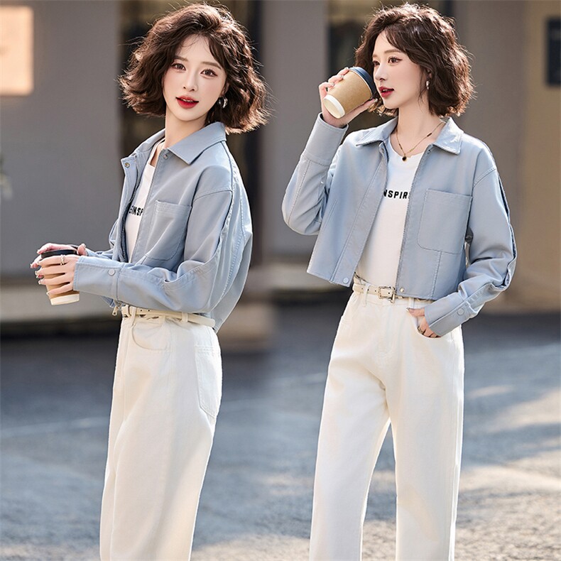 薄款水洗皮千金风短款翻领皮衣外套气质女装显瘦洋气春秋长袖时尚，女装皮衣，魅丽静蓝