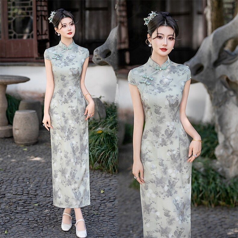 新中式弹力提花洒金立领盘扣旗袍（有弹力）2501P130,女装汉服/婚纱/旗袍/礼服,乐衣轩