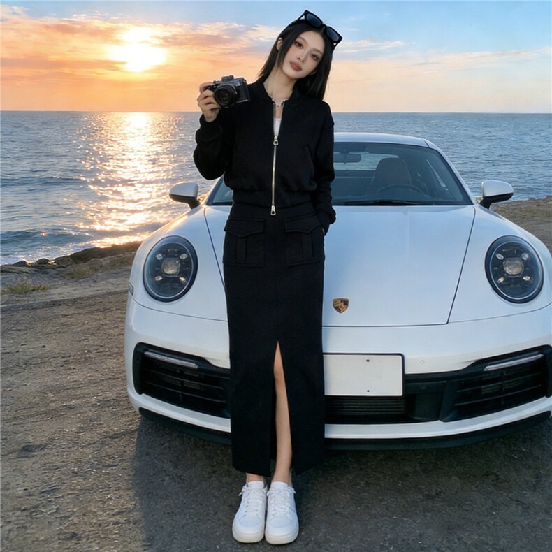 港风时尚休闲套装裙女春季新款玫红色开衫卫衣开叉半身裙两件套潮图片