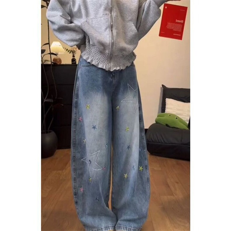 街头个性星星阔腿牛仔裤女春秋新款显高学院风宽松拖地牛仔裤网图,男装牛仔裤,星座302B