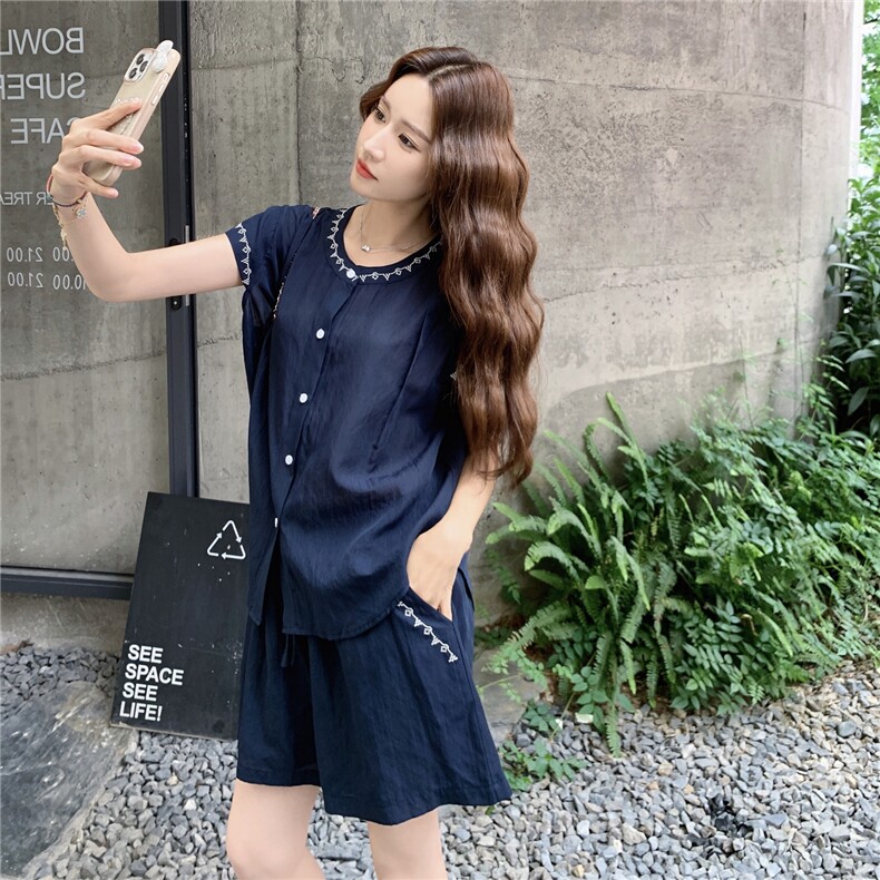 圆领短袖刺绣上衣+短裤套装女2025夏季时尚宽松休闲天丝套装巧着,女装套装/套裙,2C375