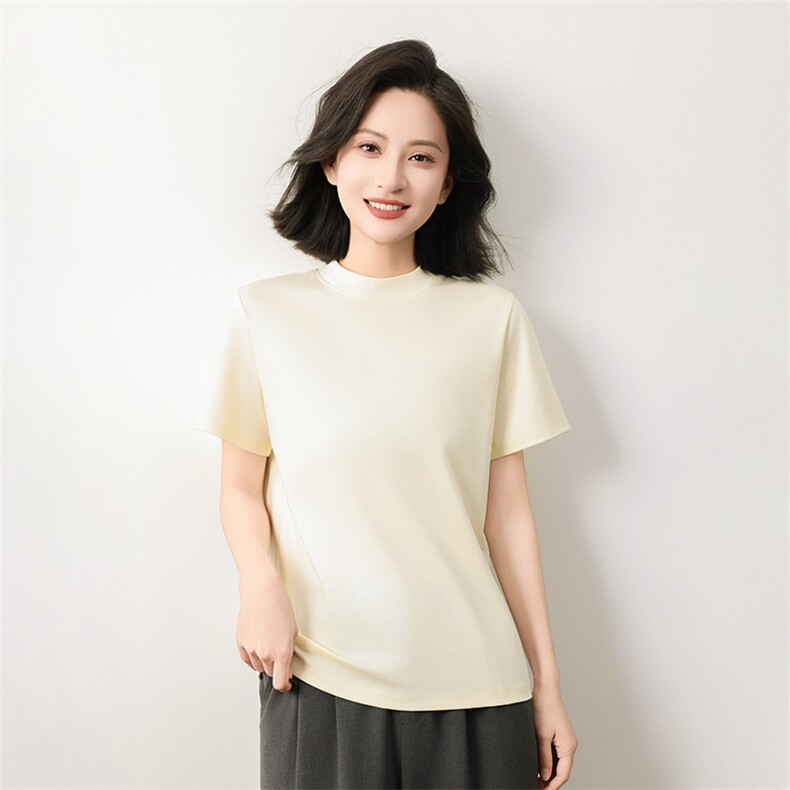 简约风液氨纯棉短袖T恤女2025新款宽松显瘦正肩t恤立领半袖打底衫，女装T恤，元素羊绒