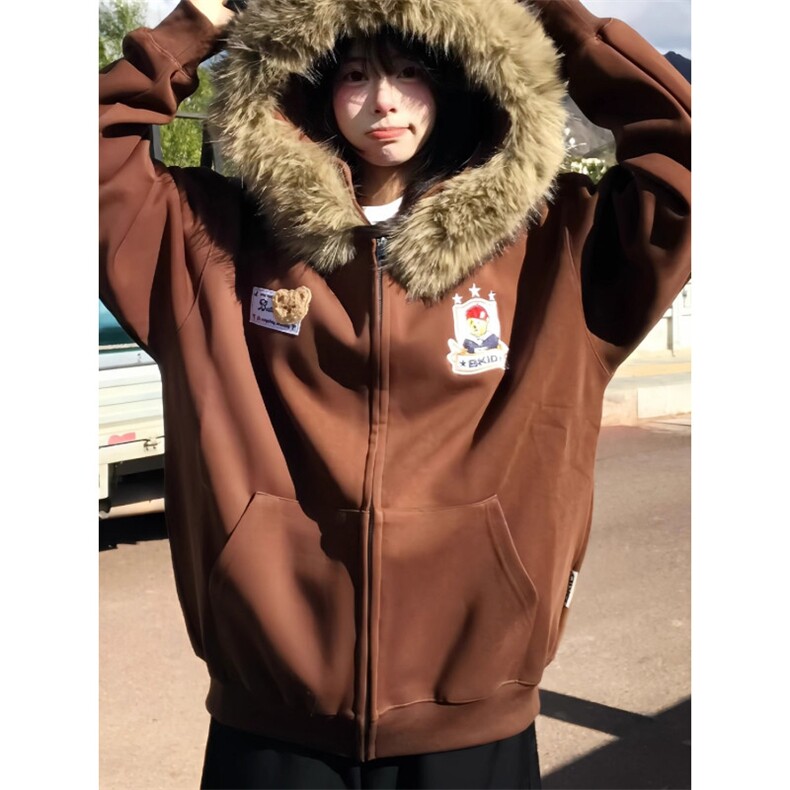 灰色连帽卫衣女2025秋冬美式复古小个子薄款慵懒刺绣宽松拉链图片