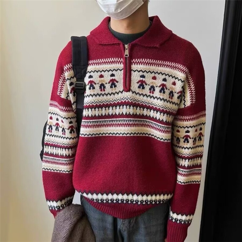 半高领拉链古着毛衣男防风套头休闲撞色韩版百搭保暖针织衫外套潮图片