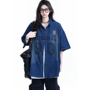 复古潮牌字母印花水洗短袖牛仔衬衫男女宽松街头情侣衬衣 C3025图片