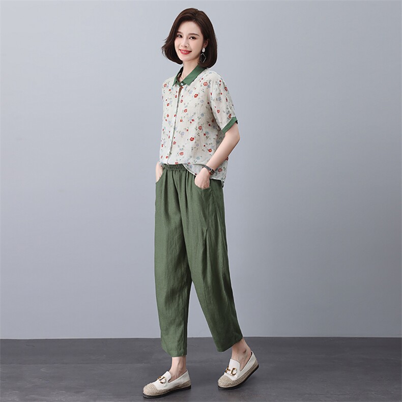 高端苎麻碎花套装纯亚麻上衣女装2025年新款夏季妈妈装棉麻两件套,女装套装/套裙,凝聚力