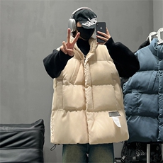 美式贴标立领棉服马甲男款冬季加厚宽松潮流休闲无袖坎肩背心外套，女装短外套，电商A028