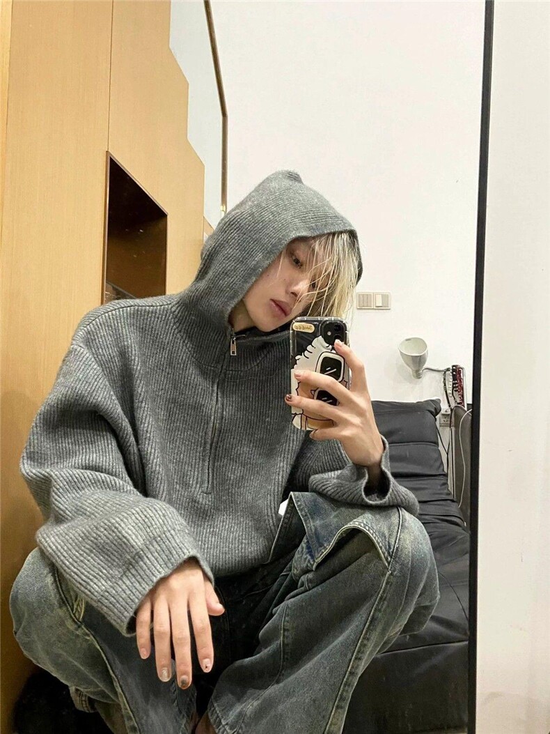 网图灰色半拉链毛衣男款美式复古高级感针织衫连帽外套MY281-特P,男装针织衫/毛衣,星座1007（原301D）