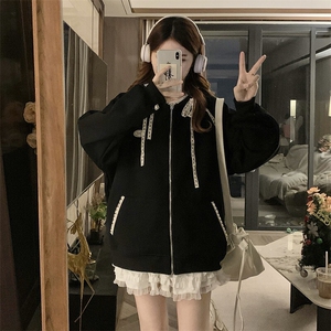 A481-P98甜美蕾丝抽绳连帽休闲时尚潮牌外套格子连帽卫衣春秋女