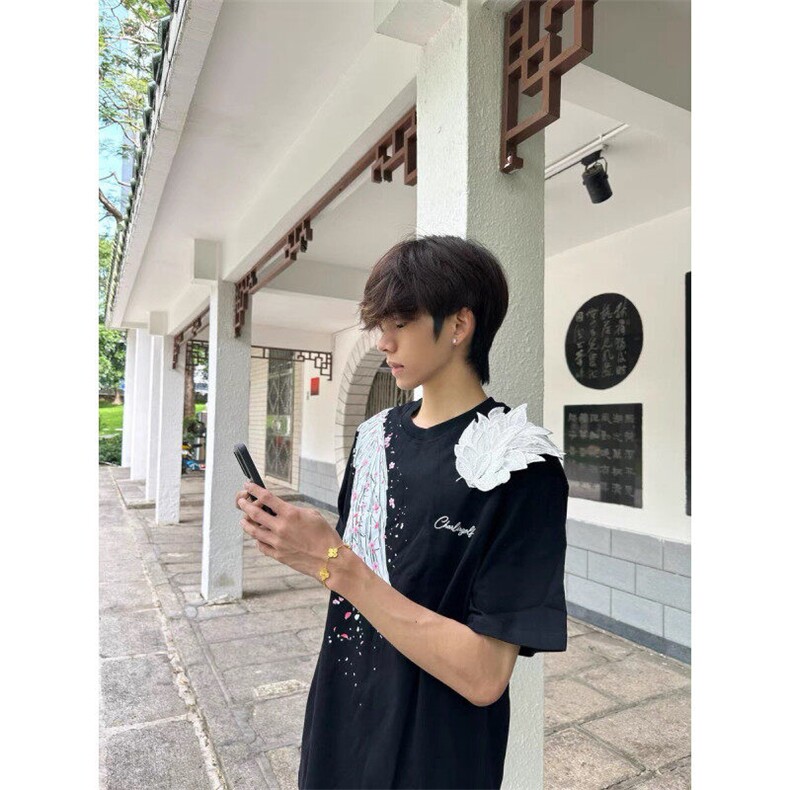 黑色立体羽翼短袖T恤男款夏季美式高街潮牌体恤纯棉重磅情侣半袖,男装T恤,星座313A(原308A-2)