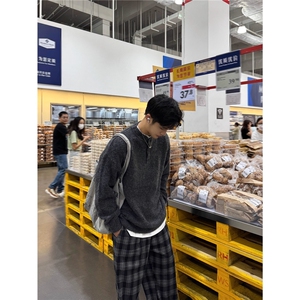 圈圈纱纯色亨利领纽扣针织衫男秋冬季松弛感百搭套头毛衣休闲外套图片