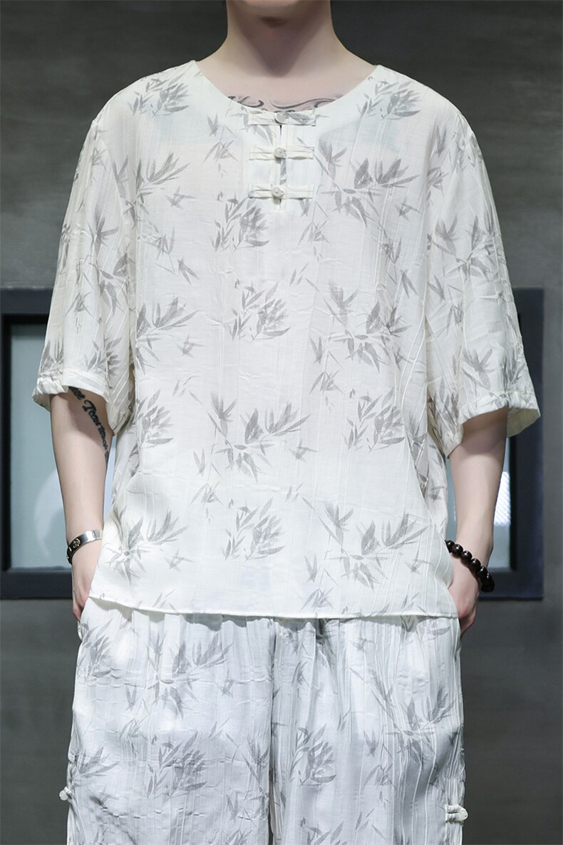 2025夏季新款男装禅服风冰丝印花盘扣唐装短袖T恤C117-P50,男装T恤,电商B277(原6028)