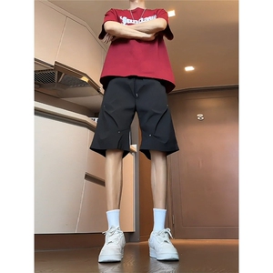 黑色铆钉短裤男款夏季薄款美式工装裤褶皱冲锋五分裤X146-P35图片