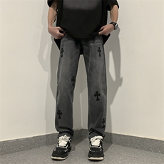 十字架印花牛仔裤男直筒高街潮牌日系宽松长裤N02217-P52，男装牛仔裤，星座308B-2