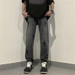 十字架印花牛仔裤男直筒高街潮牌日系宽松长裤N02217-P52图片